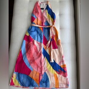 Banana Republic Factory Linen-Blend Twist-Back Midi Dress in Brushstroked Multi